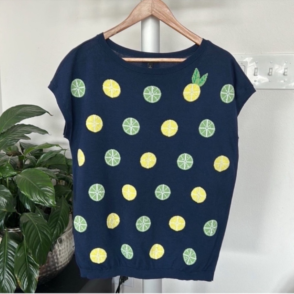 Talbots Knit Sleeveless sweater Top Size L Navy lemon Lime Print Beaded